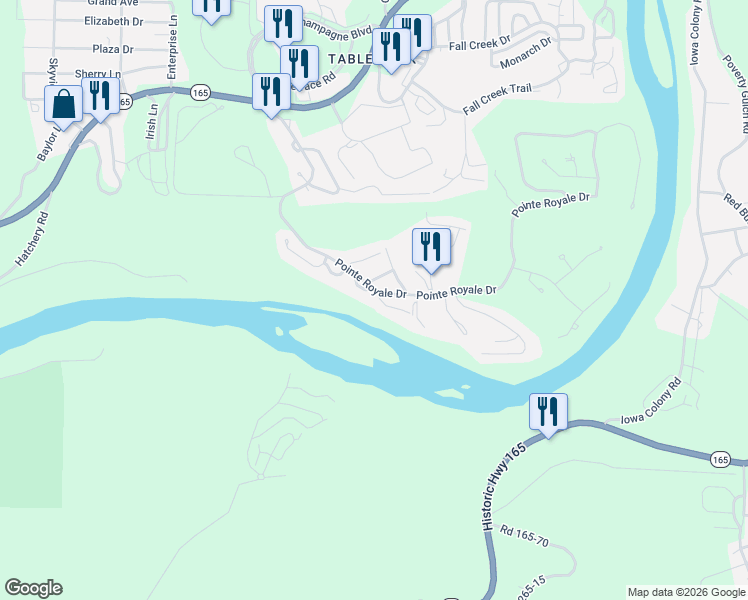 map of restaurants, bars, coffee shops, grocery stores, and more near 126 Overlook Drive in Branson