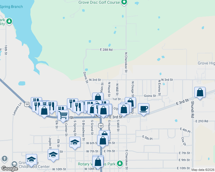 map of restaurants, bars, coffee shops, grocery stores, and more near 116 North Hazel Street in Grove