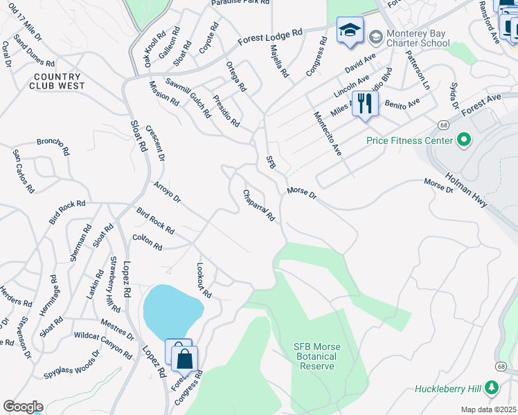 map of restaurants, bars, coffee shops, grocery stores, and more near 1162 Chaparral Road in Del Monte Forest