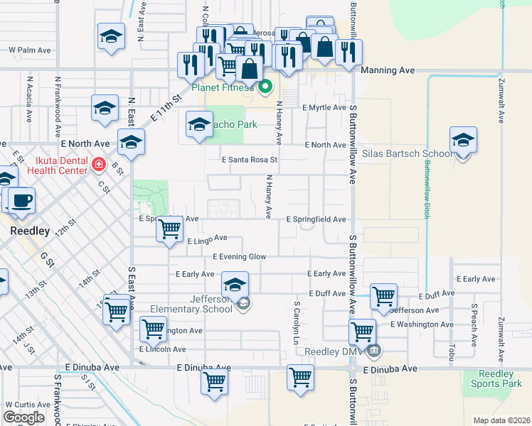 map of restaurants, bars, coffee shops, grocery stores, and more near 119 North Haney Avenue in Reedley