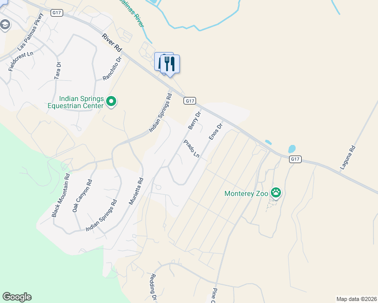 map of restaurants, bars, coffee shops, grocery stores, and more near 18040 Prado Lane in Salinas