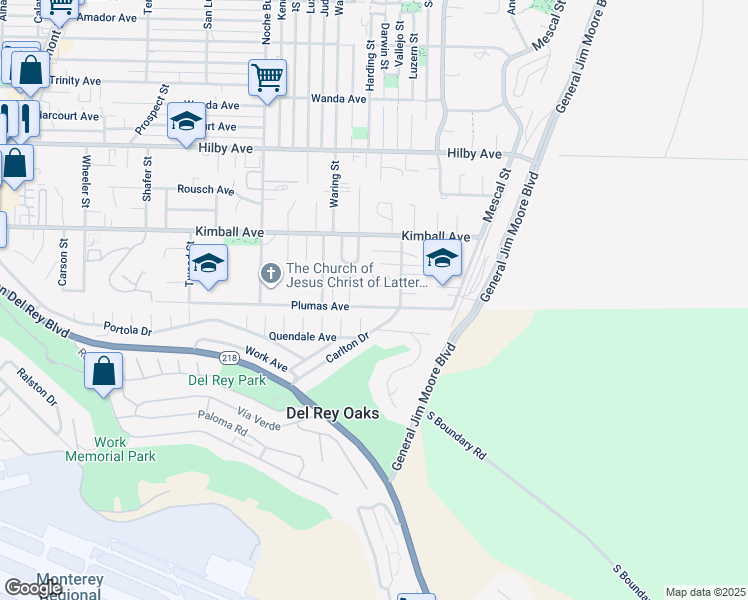 map of restaurants, bars, coffee shops, grocery stores, and more near 1501 Plumas Avenue in Seaside