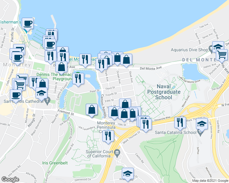 map of restaurants, bars, coffee shops, grocery stores, and more near 1142 Fourth Street in Monterey