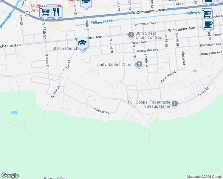 map of restaurants, bars, coffee shops, grocery stores, and more near 516 Parker Lane in Middlesboro