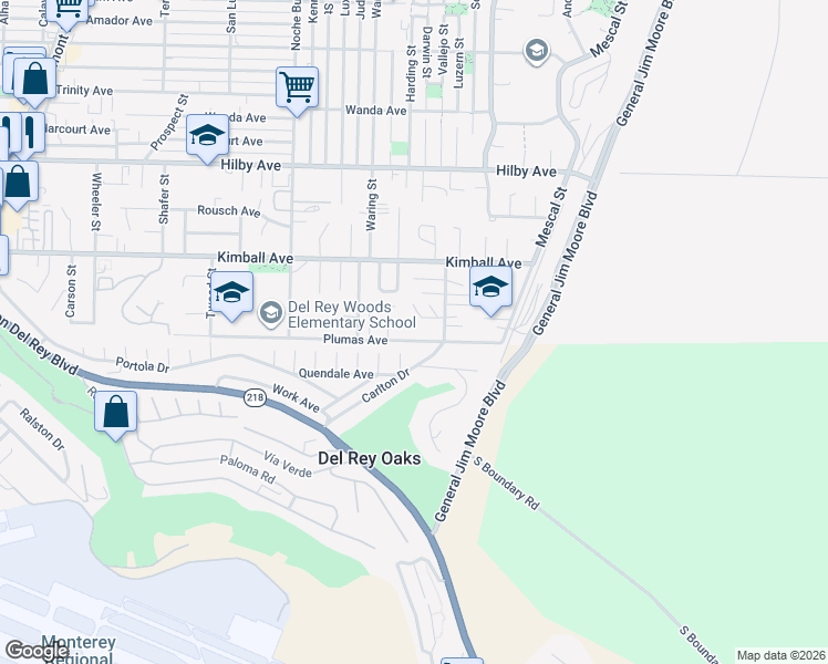 map of restaurants, bars, coffee shops, grocery stores, and more near 1501 Plumas Avenue in Seaside