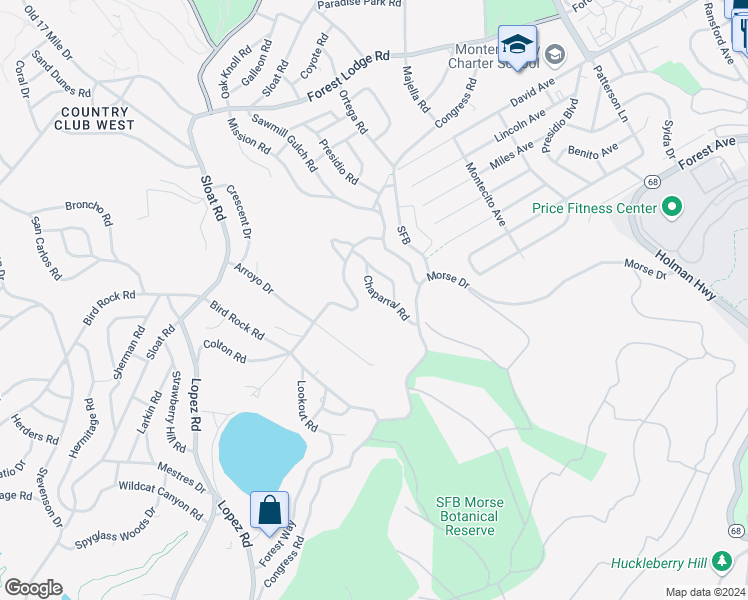 map of restaurants, bars, coffee shops, grocery stores, and more near 1154 Chaparral Road in Del Monte Forest