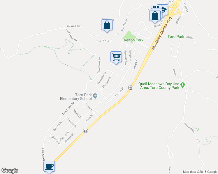 map of restaurants, bars, coffee shops, grocery stores, and more near 22404 Montera Court in Salinas