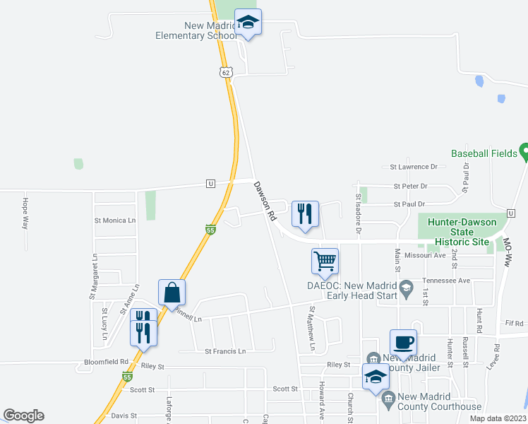 map of restaurants, bars, coffee shops, grocery stores, and more near 1 Blades Drive in New Madrid