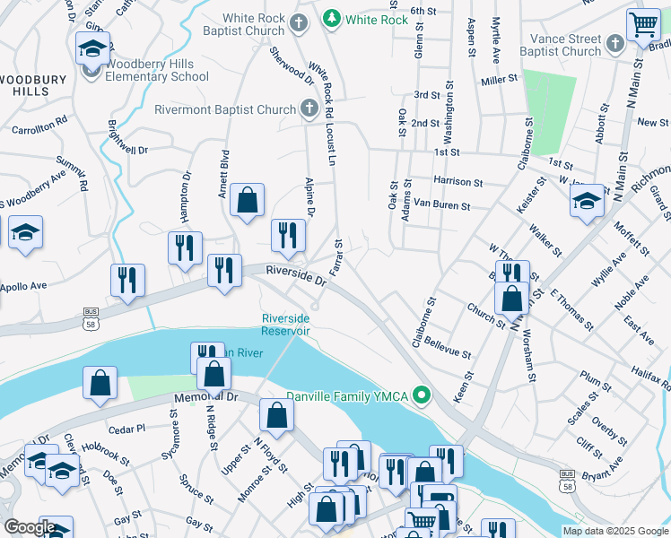 map of restaurants, bars, coffee shops, grocery stores, and more near 324 Farrar Street in Danville