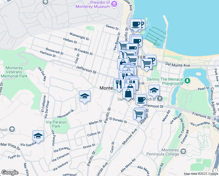 map of restaurants, bars, coffee shops, grocery stores, and more near 2308 Golden Oaks Lane in Monterey