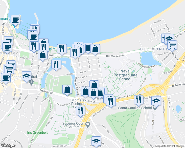 map of restaurants, bars, coffee shops, grocery stores, and more near 1220A Fourth Street in Monterey