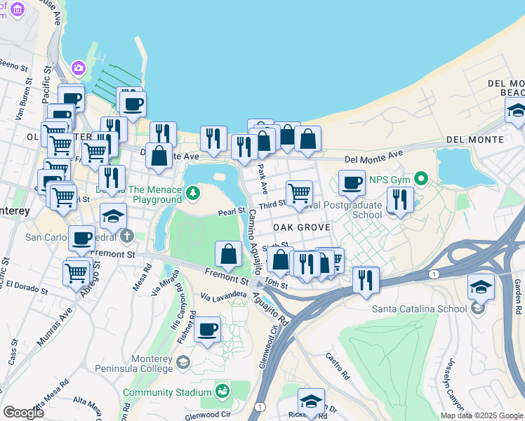 map of restaurants, bars, coffee shops, grocery stores, and more near 371 Camino Aguajito in Monterey
