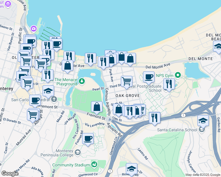 map of restaurants, bars, coffee shops, grocery stores, and more near 371 Camino Aguajito in Monterey