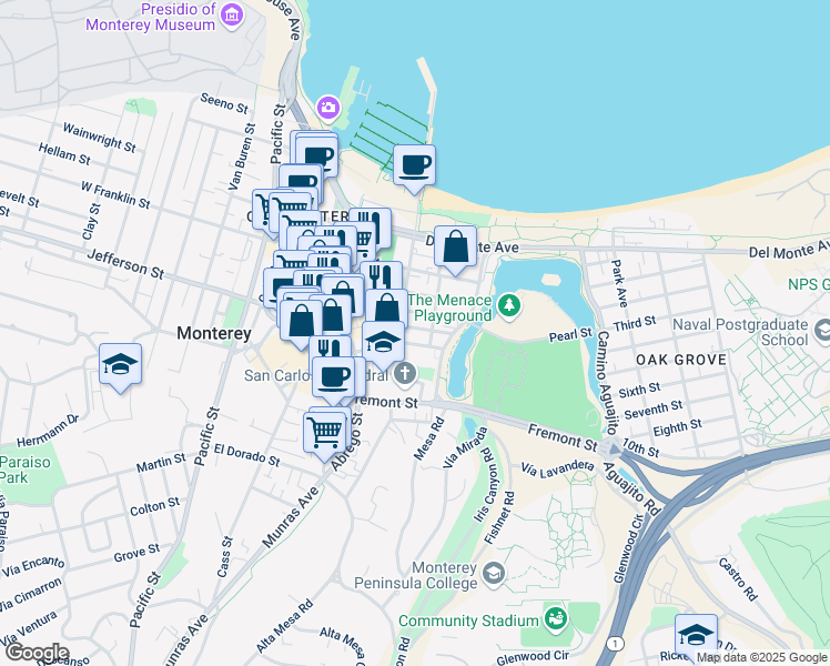 map of restaurants, bars, coffee shops, grocery stores, and more near 535 Webster Street in Monterey