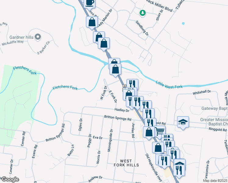 map of restaurants, bars, coffee shops, grocery stores, and more near 78 East Fork Drive in Clarksville