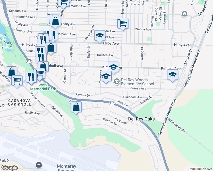 map of restaurants, bars, coffee shops, grocery stores, and more near 1281 Plumas Avenue in Seaside