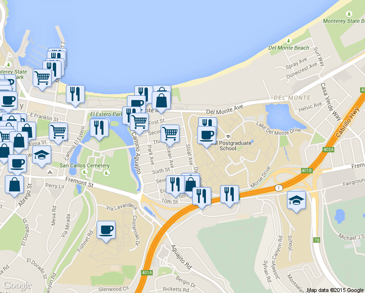 map of restaurants, bars, coffee shops, grocery stores, and more near 1271 Fourth Street in Monterey
