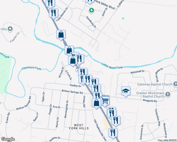 map of restaurants, bars, coffee shops, grocery stores, and more near Old Mill Road in Clarksville