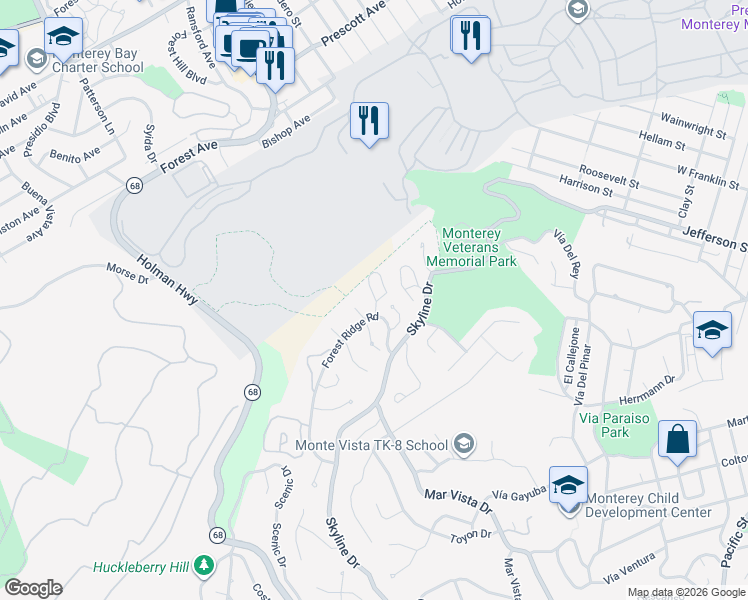 map of restaurants, bars, coffee shops, grocery stores, and more near 70 Forest Ridge Road in Monterey