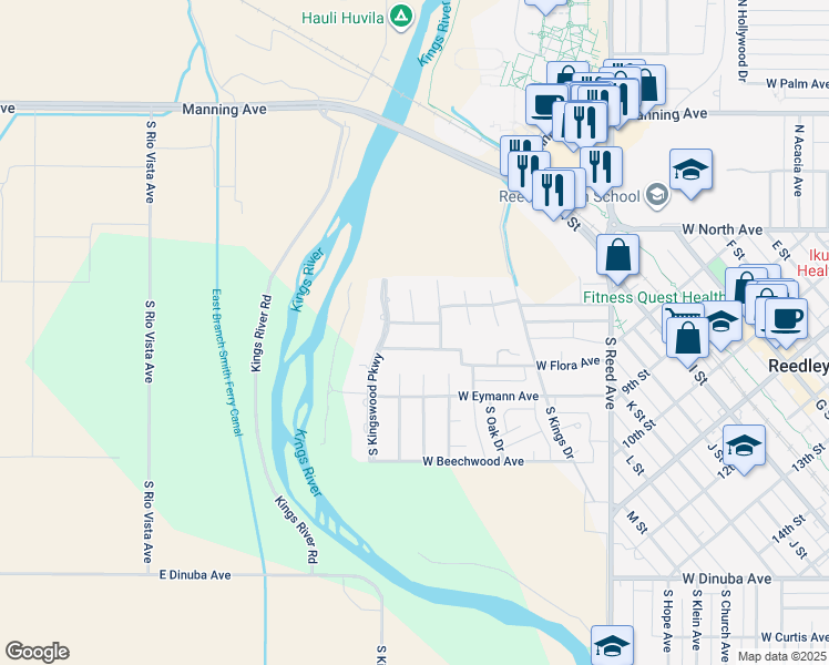 map of restaurants, bars, coffee shops, grocery stores, and more near 1585 West Riverglen Avenue in Reedley