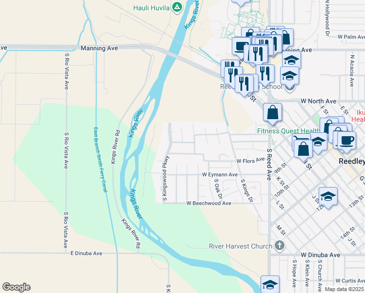map of restaurants, bars, coffee shops, grocery stores, and more near 1585 West Riverglen Avenue in Reedley