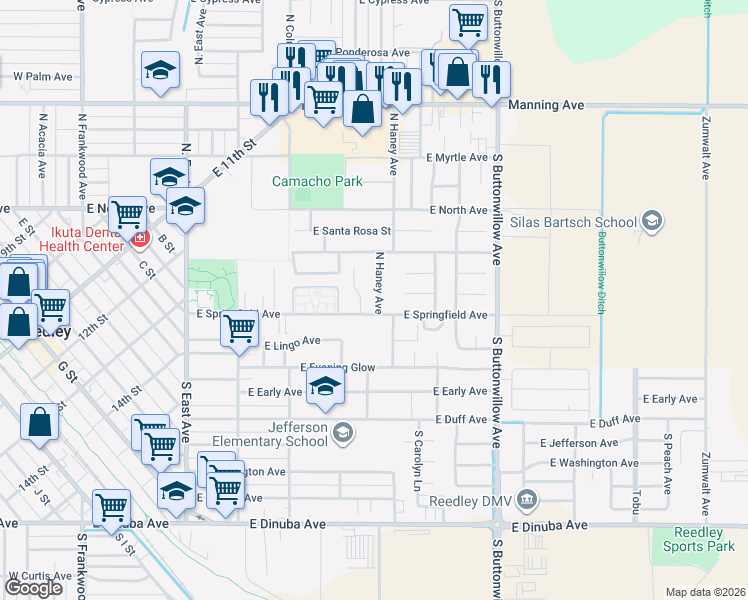 map of restaurants, bars, coffee shops, grocery stores, and more near 119 North Haney Avenue in Reedley