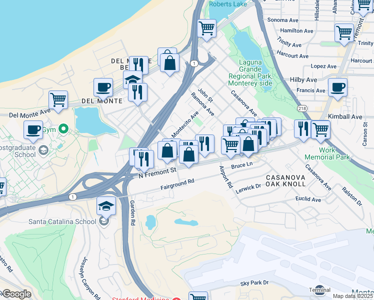 map of restaurants, bars, coffee shops, grocery stores, and more near 2137 North Fremont Street in Monterey