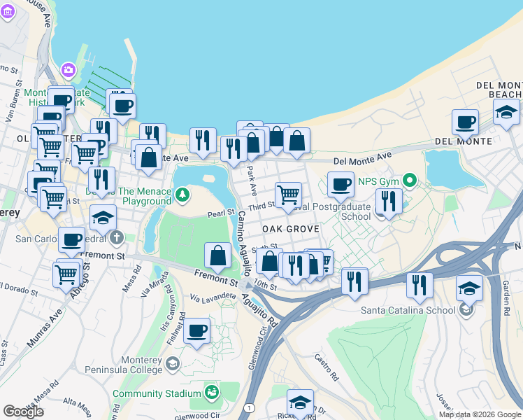 map of restaurants, bars, coffee shops, grocery stores, and more near 1142 Fourth Street in Monterey
