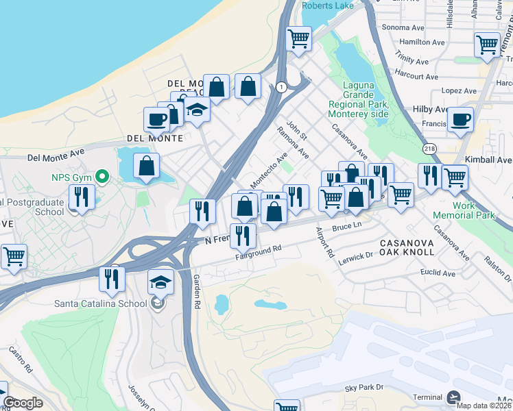 map of restaurants, bars, coffee shops, grocery stores, and more near 415 Casa Verde Way in Monterey