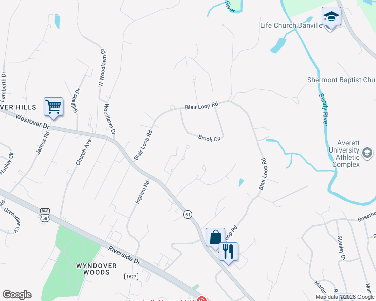 map of restaurants, bars, coffee shops, grocery stores, and more near 212 Charlotte Avenue in Danville