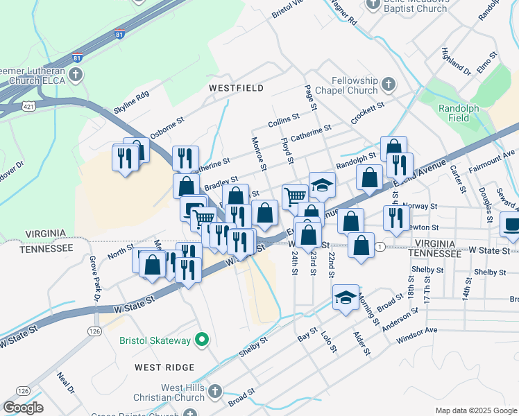 map of restaurants, bars, coffee shops, grocery stores, and more near Kay Street in Bristol