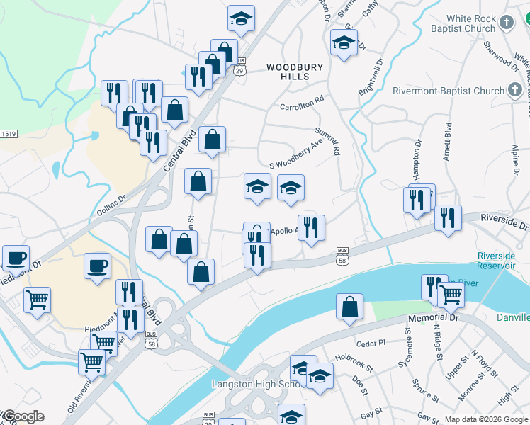 map of restaurants, bars, coffee shops, grocery stores, and more near 300 Apollo Avenue in Danville