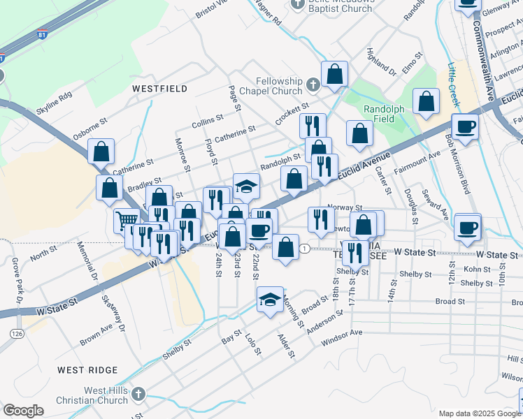 map of restaurants, bars, coffee shops, grocery stores, and more near 2045 Euclid Avenue in Bristol
