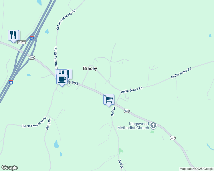 map of restaurants, bars, coffee shops, grocery stores, and more near 242 Bracey Drive in Bracey