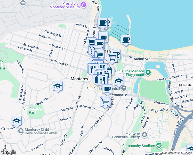 map of restaurants, bars, coffee shops, grocery stores, and more near 525 Polk Street in Monterey
