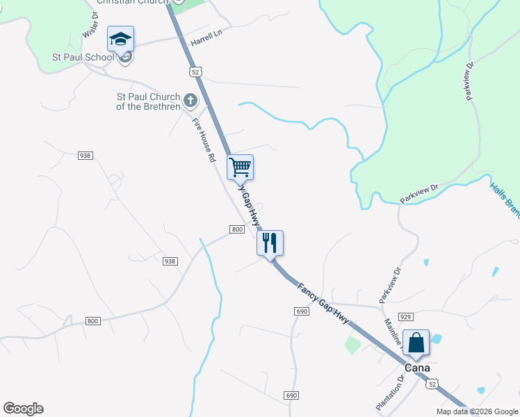 map of restaurants, bars, coffee shops, grocery stores, and more near Peakview Rd in Cana