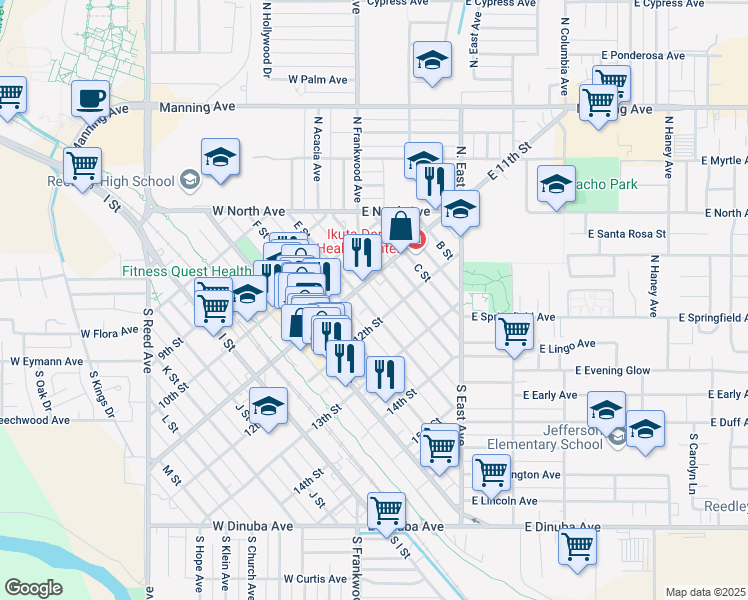 map of restaurants, bars, coffee shops, grocery stores, and more near 1155 E Street in Reedley