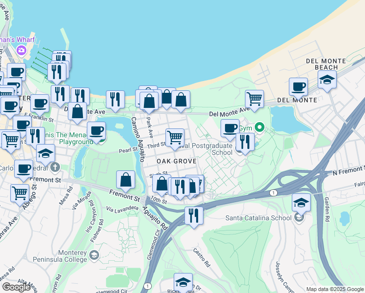 map of restaurants, bars, coffee shops, grocery stores, and more near 1220A Fourth Street in Monterey