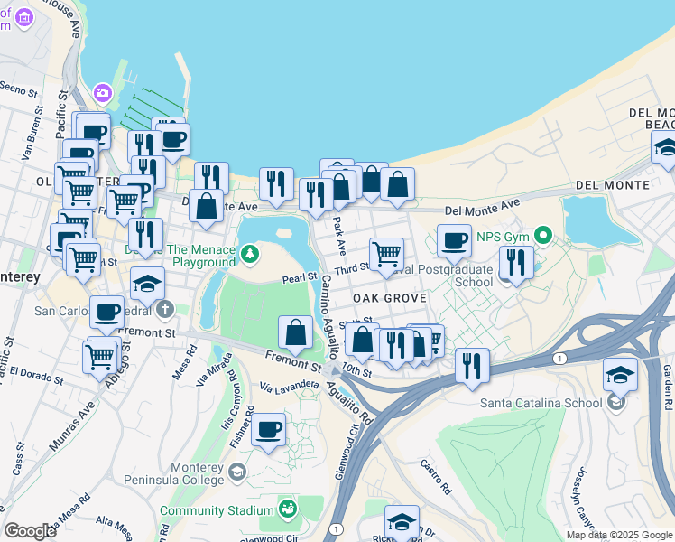 map of restaurants, bars, coffee shops, grocery stores, and more near 371 Camino Aguajito in Monterey