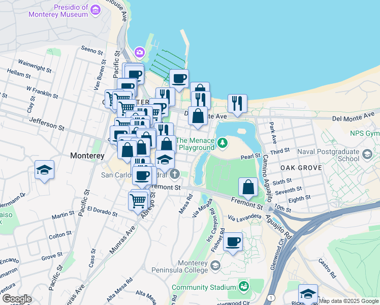 map of restaurants, bars, coffee shops, grocery stores, and more near 550 Camino El Estero in Monterey
