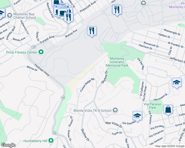 map of restaurants, bars, coffee shops, grocery stores, and more near 3 Overlook Place in Monterey