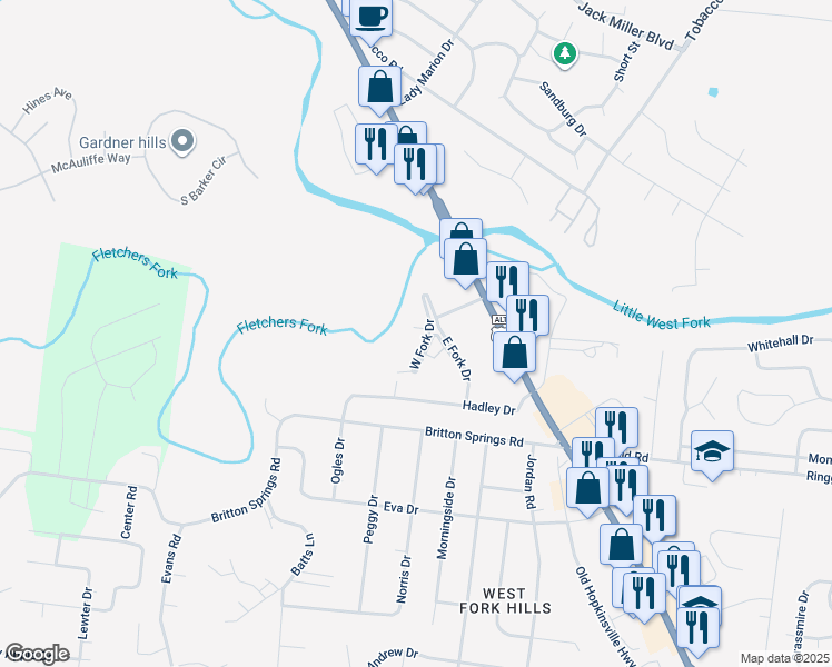 map of restaurants, bars, coffee shops, grocery stores, and more near 80 West Fork Drive in Clarksville