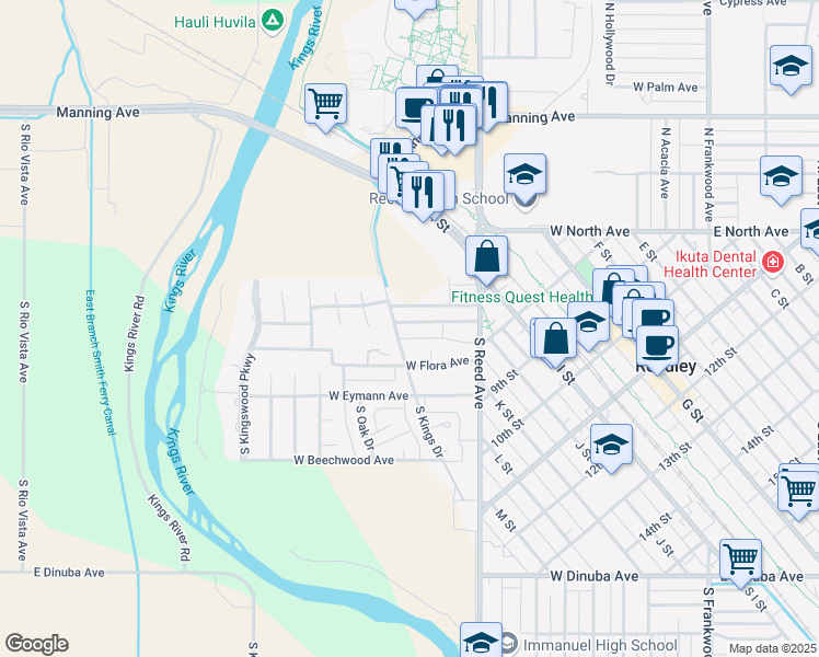 map of restaurants, bars, coffee shops, grocery stores, and more near 1137 West Friesen Avenue in Reedley