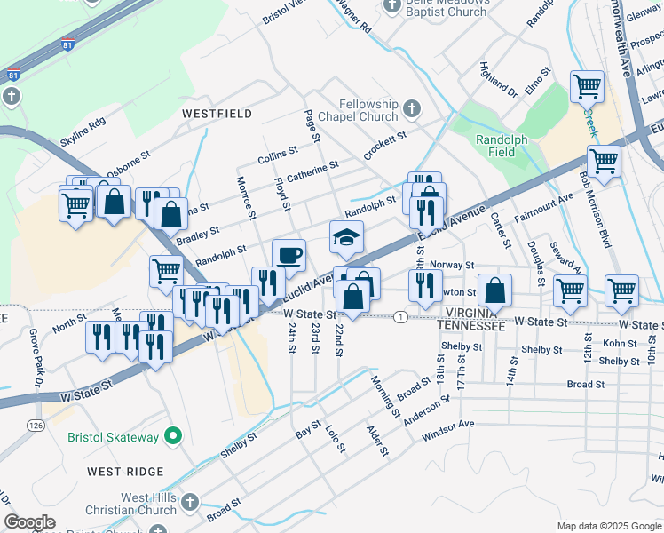 map of restaurants, bars, coffee shops, grocery stores, and more near 2045 Euclid Avenue in Bristol