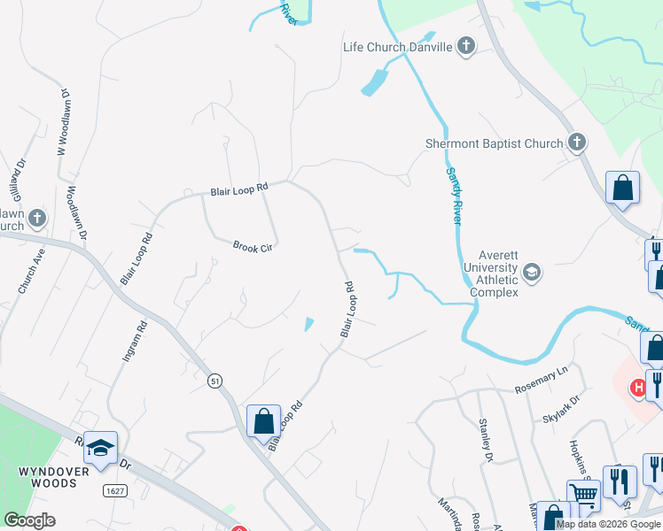 map of restaurants, bars, coffee shops, grocery stores, and more near 1513-1561 Blair Loop Road in Danville