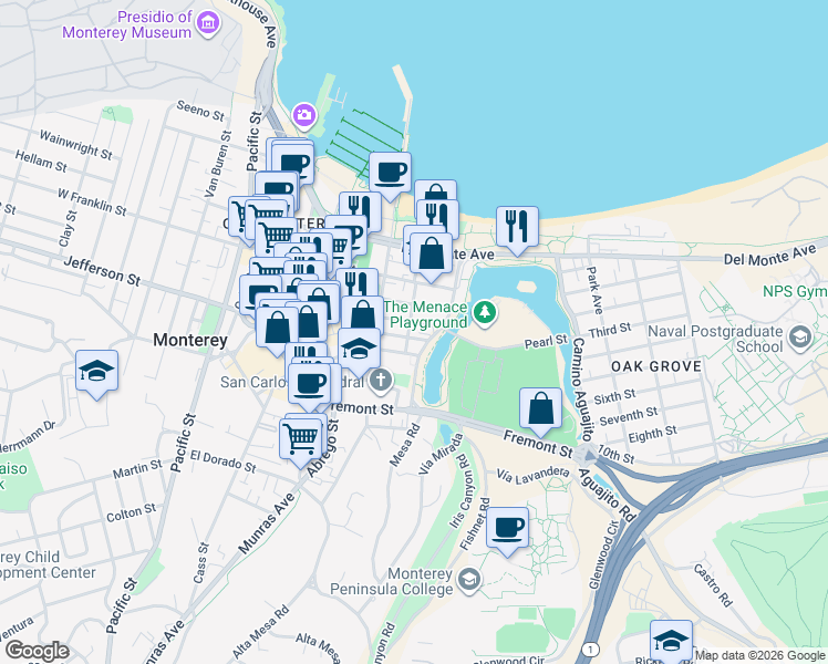 map of restaurants, bars, coffee shops, grocery stores, and more near 550 Camino El Estero in Monterey