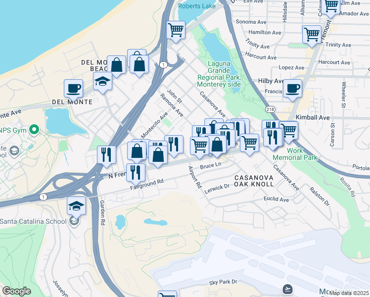 map of restaurants, bars, coffee shops, grocery stores, and more near 505 Dela Vina Avenue in Monterey