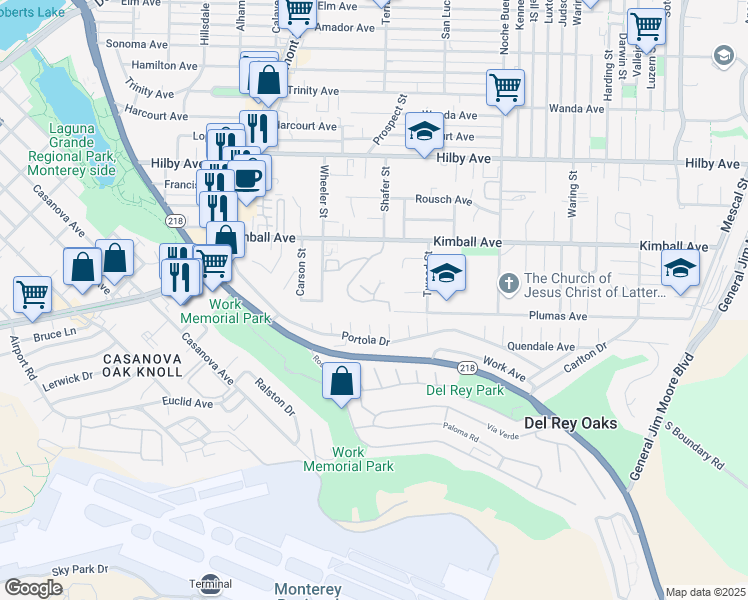 map of restaurants, bars, coffee shops, grocery stores, and more near Highlander Drive & Lorraine Court in Seaside