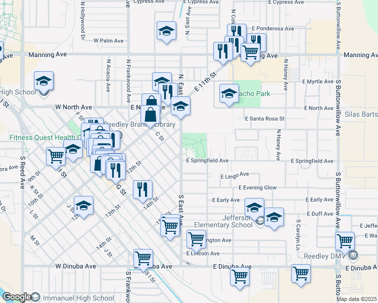 map of restaurants, bars, coffee shops, grocery stores, and more near 100 Northeast Avenue in Reedley