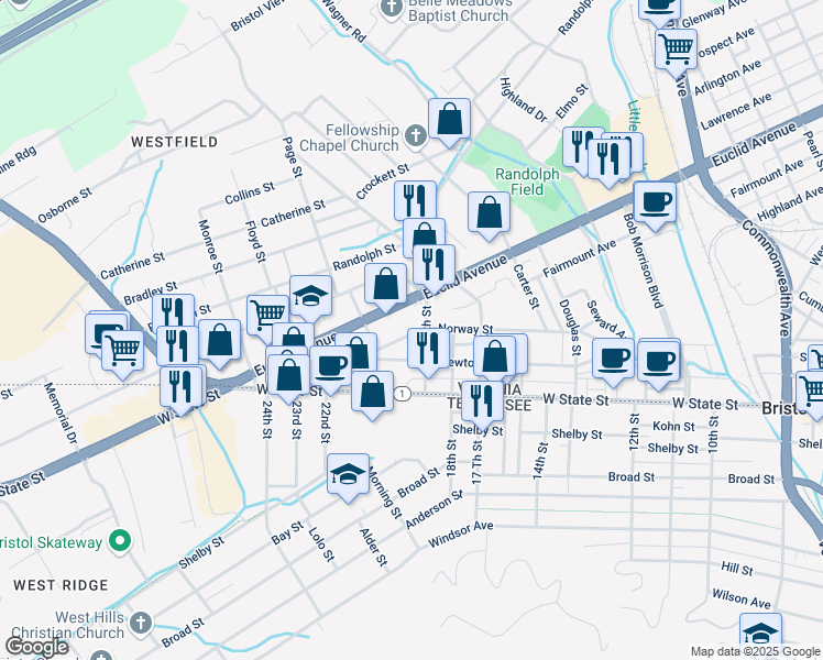 map of restaurants, bars, coffee shops, grocery stores, and more near 100-198 19th St in Bristol